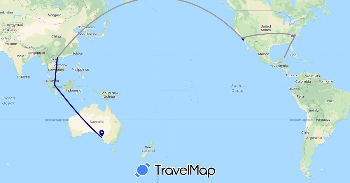 TravelMap itinerary: driving, plane, train in Australia, Mexico, Singapore, Taiwan, United States, Vietnam (Asia, North America, Oceania)